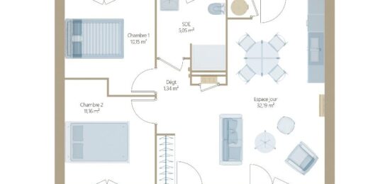 Plan de maison Surface terrain 60 m2 - 3 pièces - 2  chambres -  avec garage 